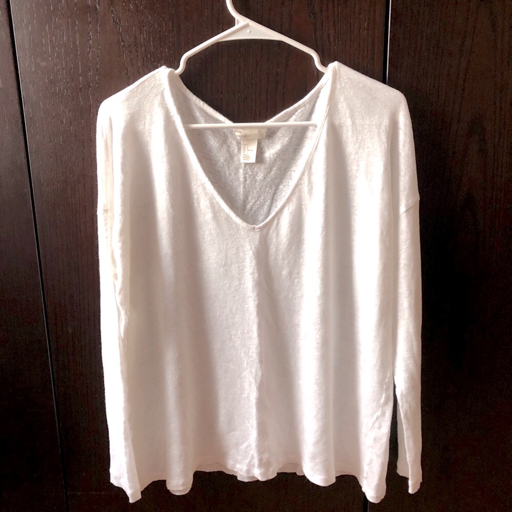 H & M Long Sleeve Linen Top Sweater V-neck white sz L